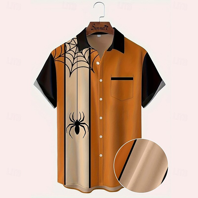 Men's Spider Color-blocking Shirt Summer Shirt Button Up Shirt Short Sleeve Fashion Casual Outdoor Vacation Dailywear Summer Spring Turndown 3D Print Collared Shirts Front One Pocket Orange2
