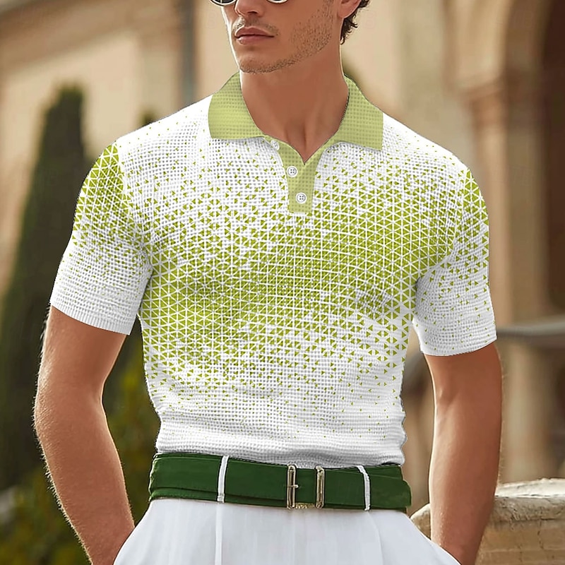 Men's Geometic Waffle Polo Shirts Short Sleeve Polo Shirts Collared Shirts Business Casual Business Athleisure Daily Wear 3D Print Buttons Summer Black Blue Brown3