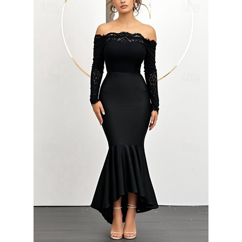 Mermaid / Trumpet Wedding Guest Dresses Elegant Dress Wedding Guest Engagement Asymmetrical Long Sleeve Off Shoulder Lace with Ruffles4