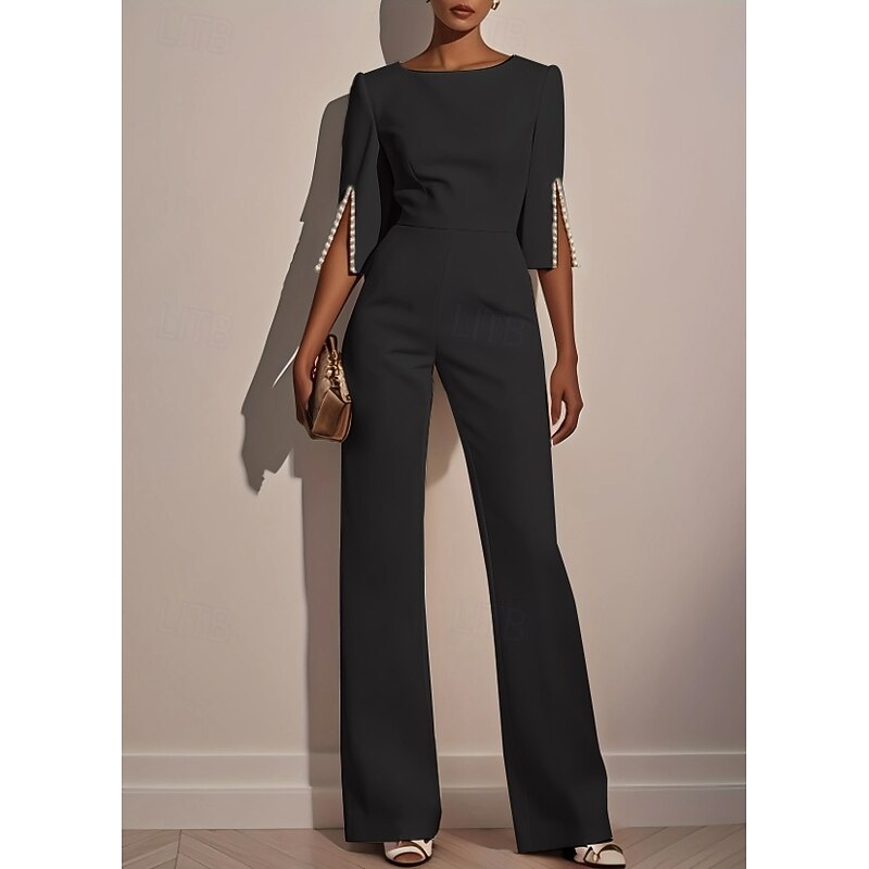 Women's Jumpsuit Casual Solid Color 3/4 Length Sleeve Straight Round Neck Beaded High Waist Daily Going out Regular Fit Black White Pink Summer3