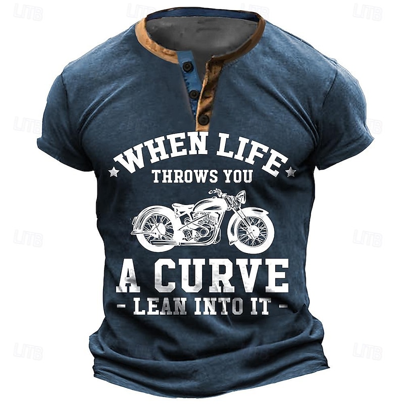 Men's Henley Neck Short Sleeve T-Shirt, Motorcycle Graphic Tee with 
