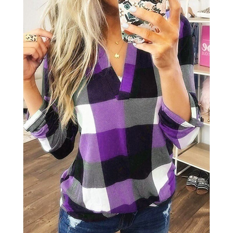Women's Shirt Blouse Plaid Modern Casual Long Sleeve V Neck Regular Tops Holiday Going out Yellow Red Purple Orange Green Fall4