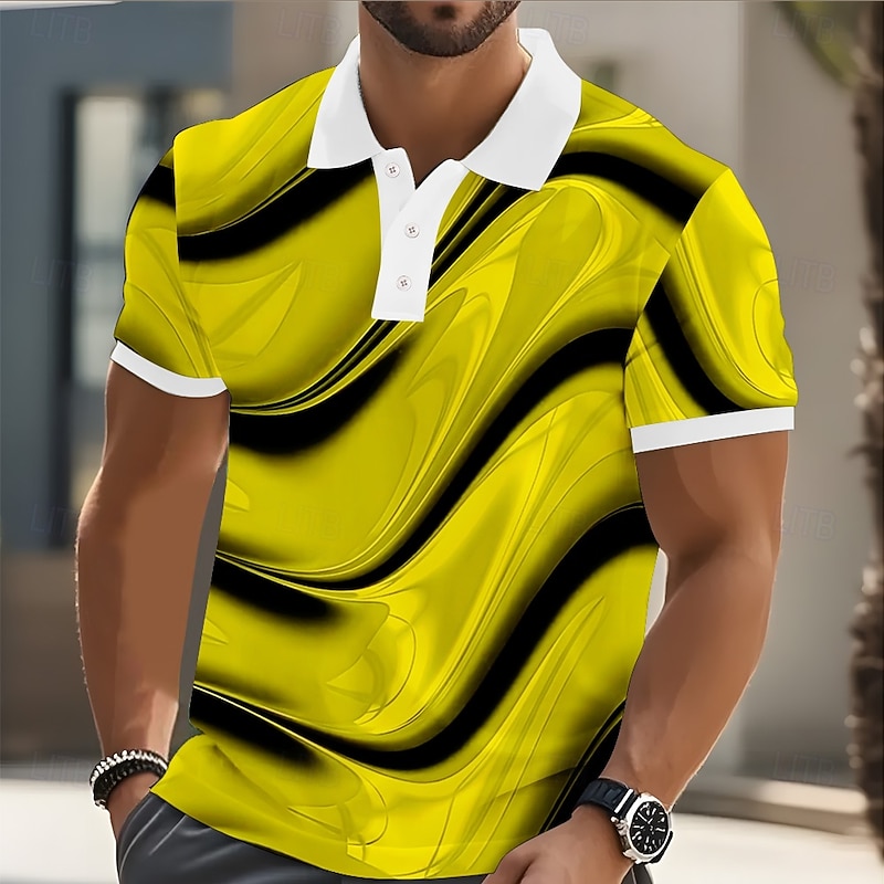 Men's Abstract Geometic Polo Short Sleeve Polo Shirts Lapel Business Casual Business Athleisure 3D Print Buttons Summer Yellow Blue Purple3