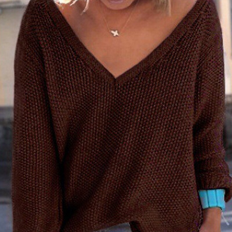 Women's Sweater Pullover Casual Solid Color Ribbed V Neck Knitted Long Sleeve Regular Tops Knit Holiday Going out Weekend Coffee Fall2