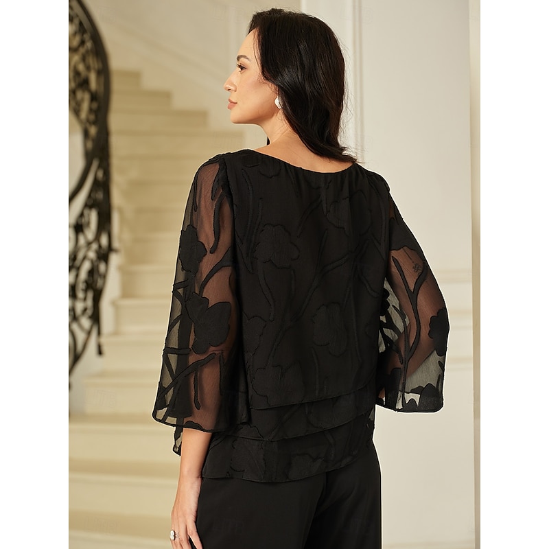 Women's Lace Shirt Blouse Dressy Tops Chiffon Tops Solid Color Floral Graphic Elegant Stylish Basic Half Sleeve Flutter Sleeve Boat Neck Regular Tops Wedding Guest Work Daily Asymmetric Hem Black4
