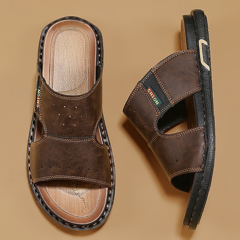 Men's Brown Cutout Slip-On Sandals, Soft Faux Leather Summer Slides for Indoor Comfort, Weekend Errands and Casual Outdoor Use2