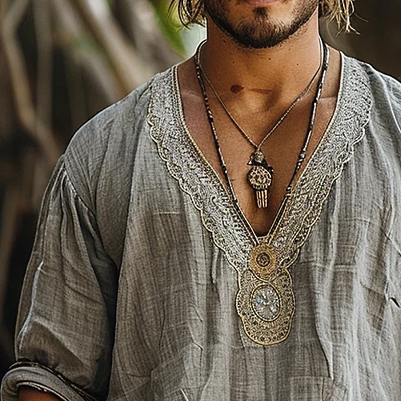 Men's Shirt Linen Shirt Popover Shirt Summer Shirt Beach Wear Plain Vacation Street Green Coffee Gray Long Sleeve V Neck Summer Spring Clothing Apparel2