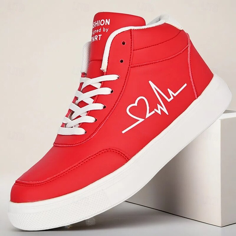 Men's Red High-Top Sneakers with Heartbeat Graphic – Bold Streetwear Style with Lace-Up Design, Perfect for Urban Fashion, Sports and Youth Culture