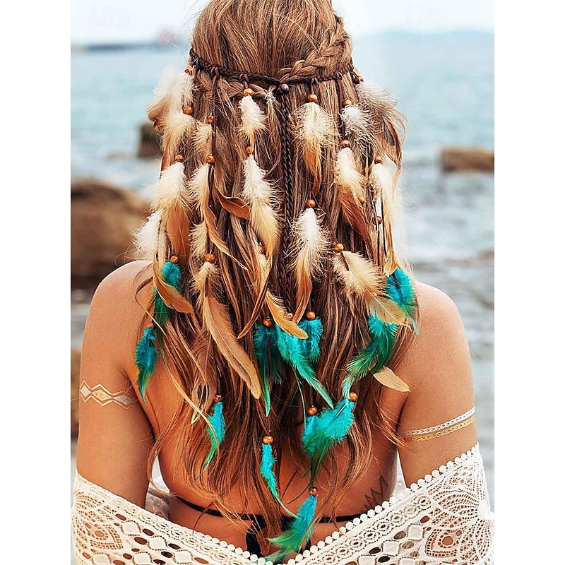 Women's Boho Feather Hair Headband – Adjustable Festival Headdress with Natural Feathers and Beads for Beach, Parties and Bohemian Style Outfits3