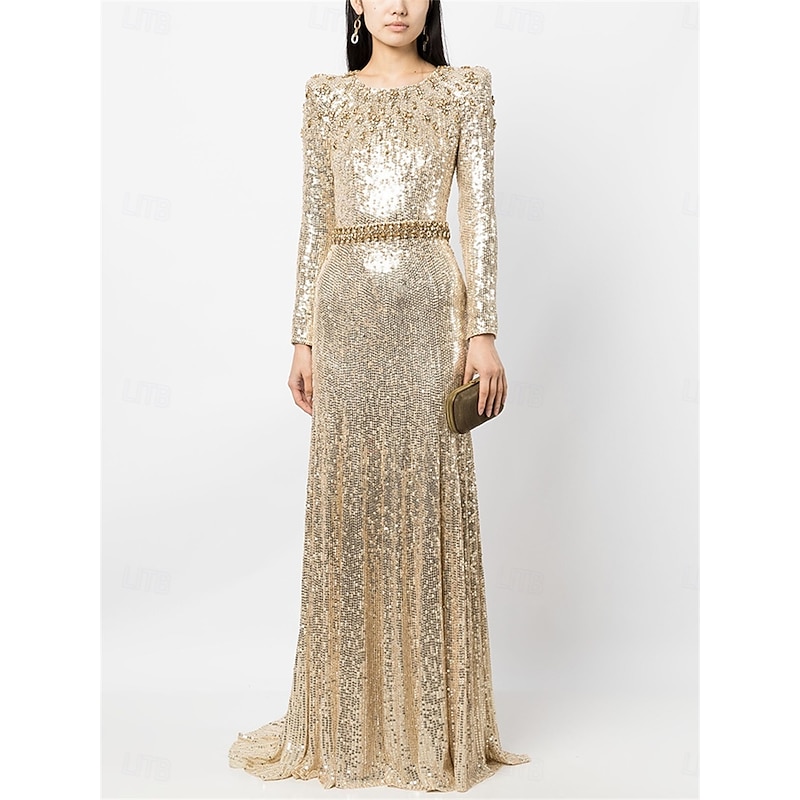 Mermaid / Trumpet Quinceanera Dresses Elegant Dress Formal Wedding Floor Length Long Sleeve Crew Neck Sequined with Sequin