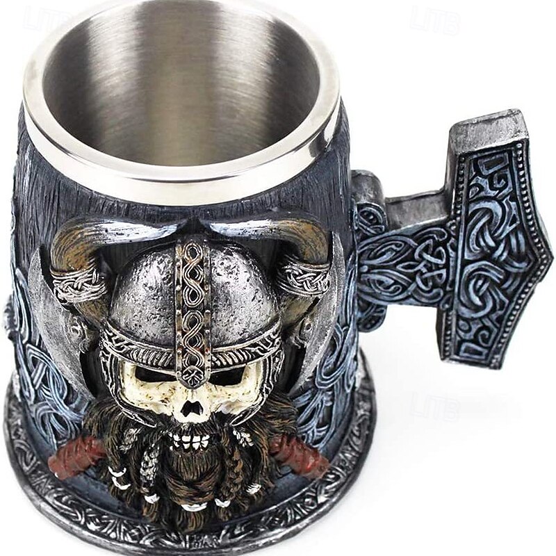 Viking Skull Beer Mug,Oktoberfest Gift Mug Medieval Norse Pirate Coffee Cup with 3D Viking Warrior Statue, Gothic Skeleton Tankard for Bar or Gift2