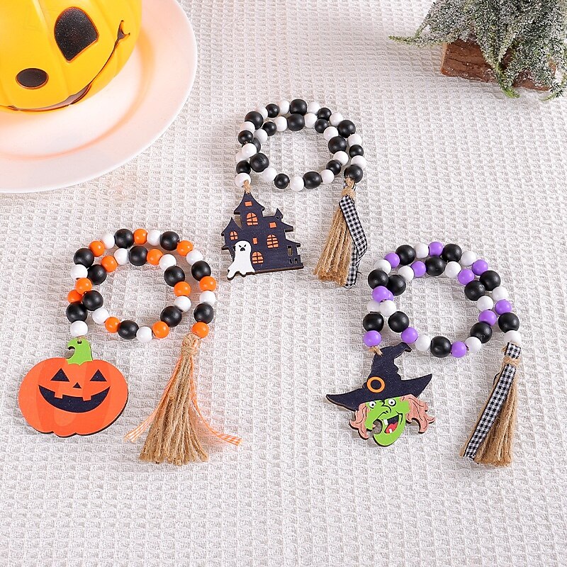 Halloween Wooden Bead Hanging Ornament, Creative Witch Castle Ornament, Spooky Ghost Festival Party Decor Bulk4