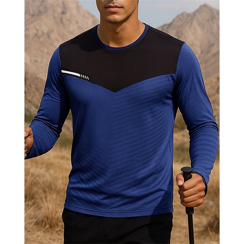 Men's Hiking Tee shirt Hiking Sweatshirt Hiking top Long Sleeve Crew Neck Tee Tshirt Top Outdoor Breathable Quick Dry Lightweight Elastic Pullover Polyester Patchwork Black White Army Green Tennis