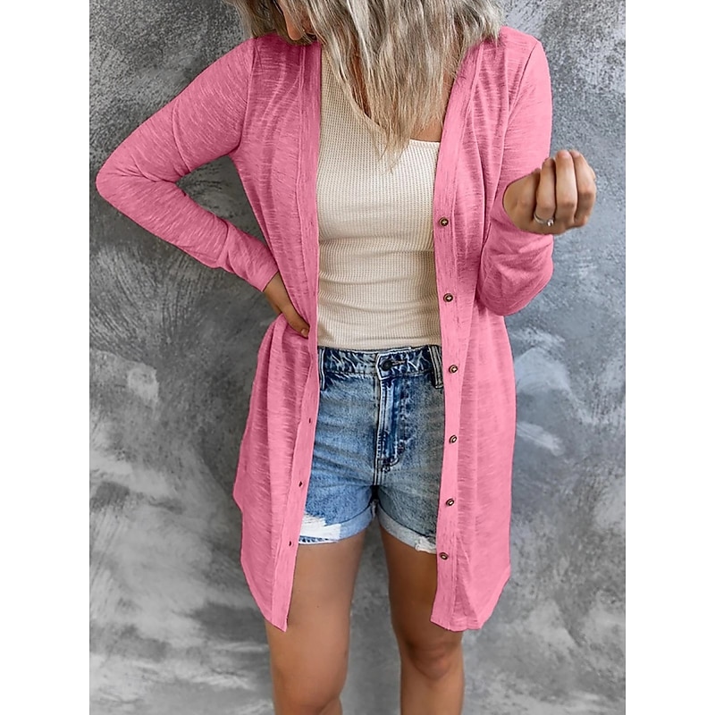 Women's Casual Jacket Breathable Comfortable Pocket Casual Plain Vacation Street Casual Daily Wear Single Breasted Long V Neck Regular Fit Long Sleeve Outerwear Black White Pink Summer Spring