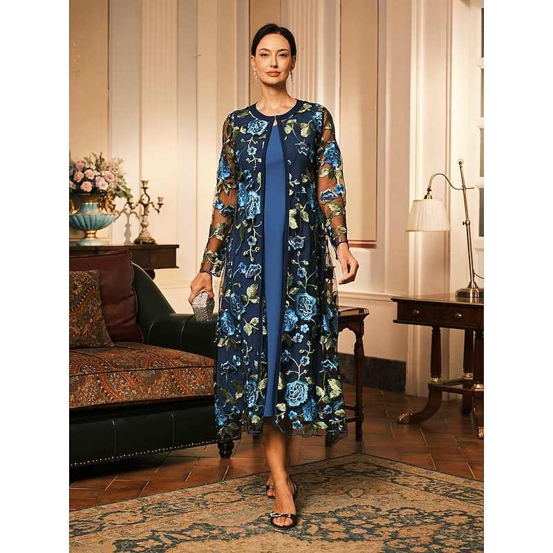 Women's Midi Dress Sheath Dress Dress With Jacket Elegant Cocktail Semi Formal Formal Party Wedding Guest Regular Fit Floral Long Sleeve Crew Neck Blue Spring Fall Winter
