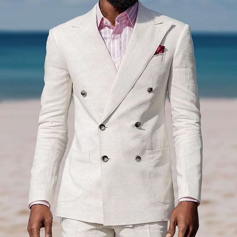 Men's Wedding Casual Suits White Summer Beach Suits Fashion Daily Solid Colored Standard Fit 2 Piece Double Breasted Six-buttons2