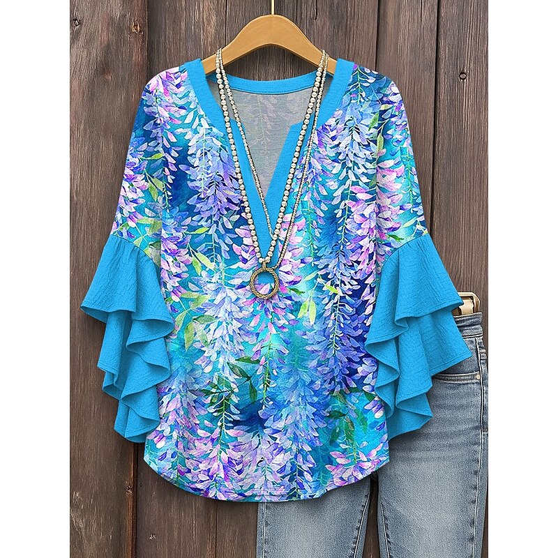 Women's Blouse V Neck Floral Graphic Daily Stylish Casual 3/4 Length Sleeve Regular Tops Daily Holiday Vacation Wear Print Pink Red Blue Green Summer Spring2