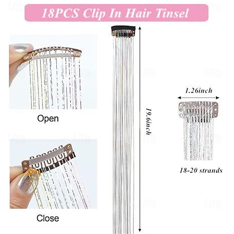 Hair Tinsel Kit Pack of 18 Pcs Hair Tinsel Clip in 19.6Inch Glitter Tinsel Hair Extensions Heat Resistant Clip in Hair Tinsel Sparkle Fairy Hair Accessories for Kids Girls Women2