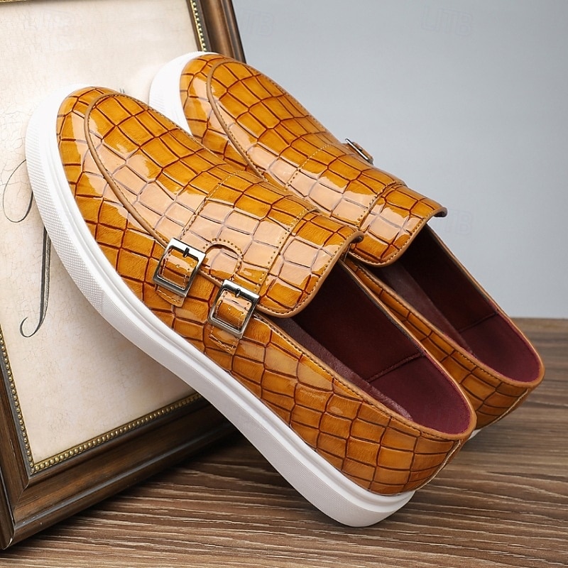 Men's Yellow Woven Faux Leather Loafers with Double Buckle Straps, Slip-On Casual Shoes for Summer Outings, Travel and Daily Wear2