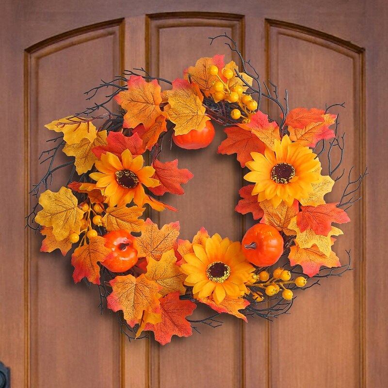Fall Wreath for Front Door Thanksgiving Autumn Harvest Indoor Outdoor Decoration, Halloween Pumpkin Berry and Maple Leaf Grapevine Wreath Home Decor2