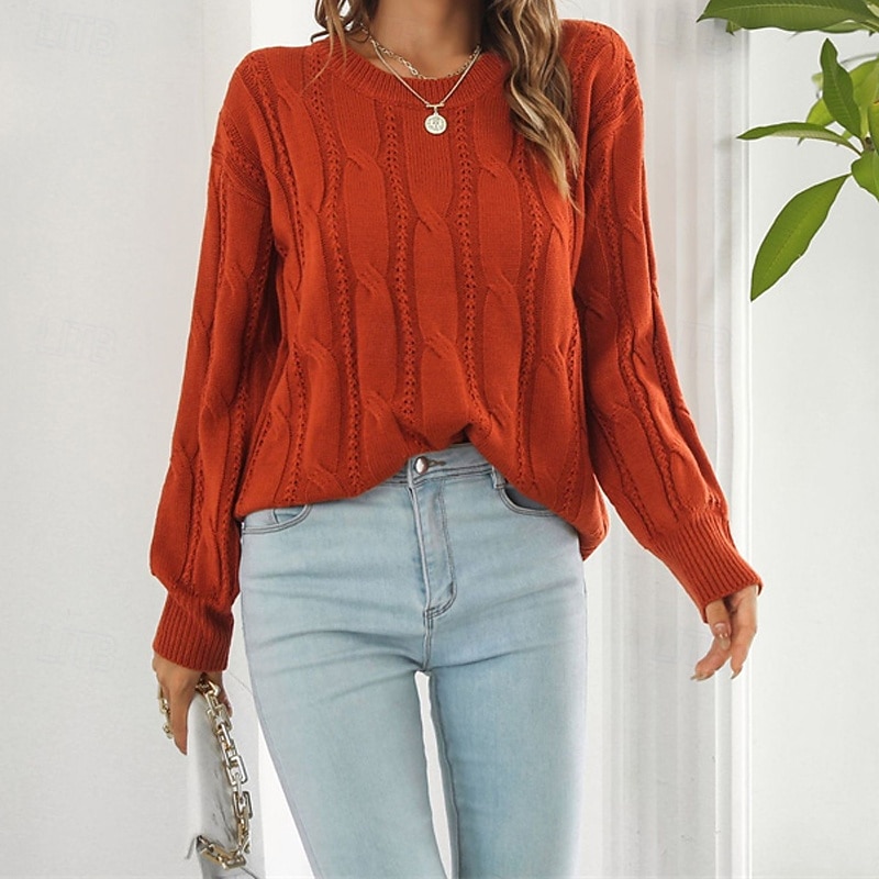 Women's Pullover Casual Solid Color Chunky Crew Neck Knitted Long Sleeve Regular Tops Knit Daily Holiday Going out Red Brown Fall Winter2