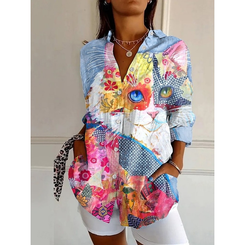 Women's Shirt Animal Cat Active Daily Stylish Long Sleeve Shirt Collar Regular Tops Daily Holiday Buttons Print White Blue Spring Fall
