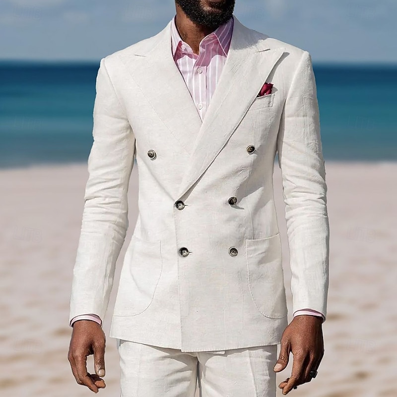 Men's Wedding Casual Suits White Summer Beach Suits Fashion Daily Solid Colored Standard Fit 2 Piece Double Breasted Six-buttons
