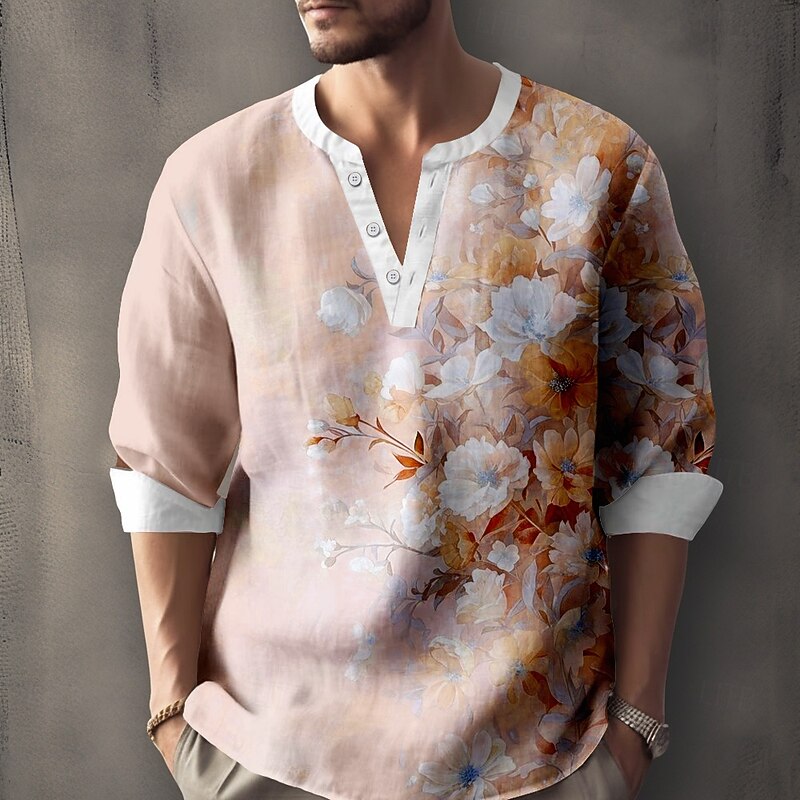 Men's Floral Print Flowers Shirt Henley Shirt Tunic Shirts Long Sleeve Casual Outdoor Vacation Daily Summer Spring V Neck Button Up 3D Print Linen Like Shirt Pink Blue Purple2
