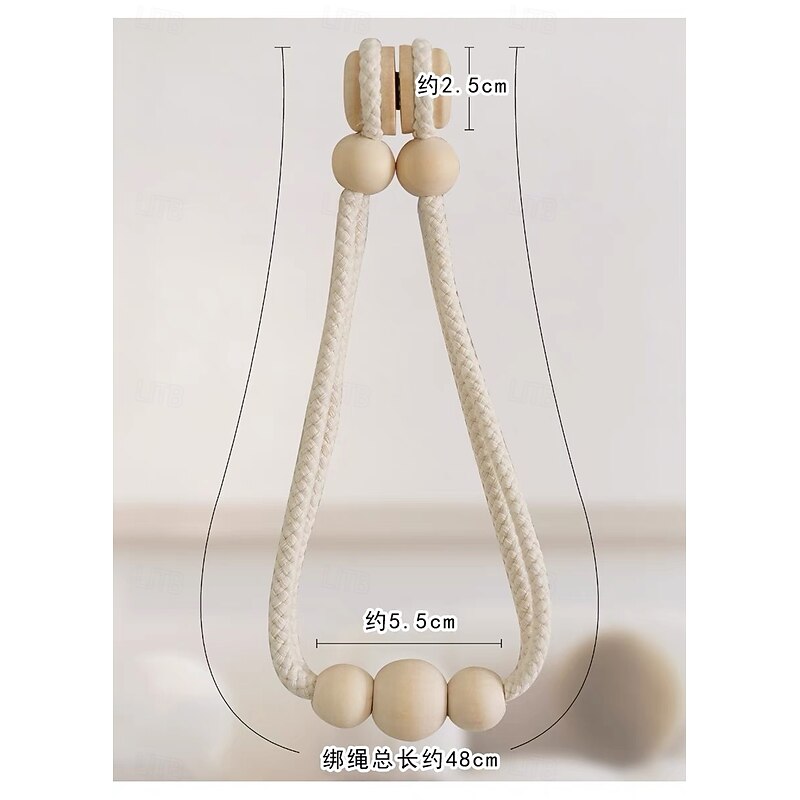 Boho Wooden Ball Curtain Tiebacks with Wood Beads Handmade Weave Rope Curtain Holders Window Drapes Holdbacks Strap Beige2