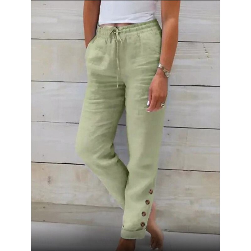 Women's Cotton Linen Pants Chinos Vacation Vintage Fashion Full Length High Waist Plain Pocket Elastic Waistband Comfy Soft Comfortable Micro-elastic Outdoor Street Black White Light Green Red Spring4