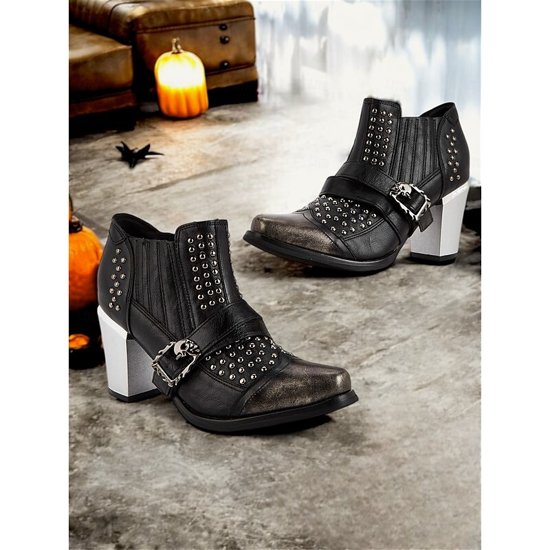 Women's 1980s Black Gothic Ankle Boots with Skull Buckle and Studs, Chunky Heel Punk Booties for Halloween Party and Night Out4