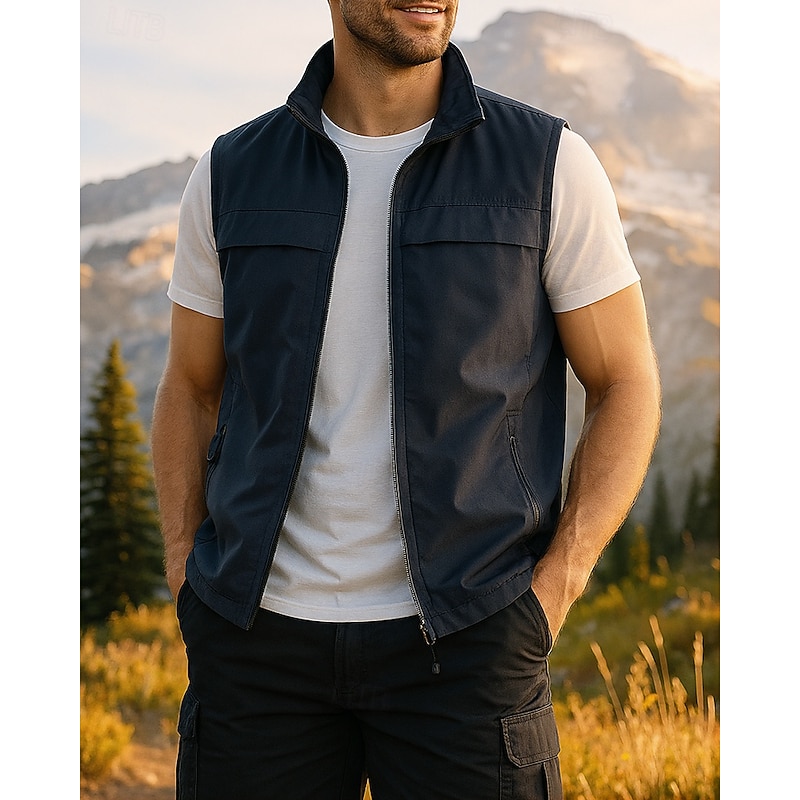 Men's Hiking Vest Sleeveless Vest Outdoor Breathable Lightweight Zipper Chinlon Black Army Green Red Hunting Fishing Climbing