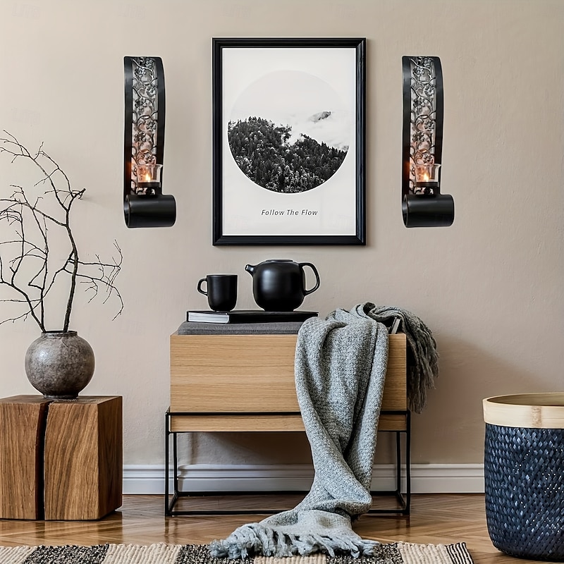 Industrial Black Metal Wall Lamp Set of 2 - 15.8 Inch Vintage Candle Holder Suitable for Gothic Bathroom Decoration Medieval Restaurant Lighting Country Fireplace Mantel Accessories Halloween Chri3