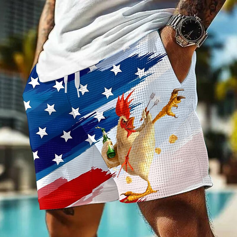 Independence Day Men's Chick US Flag Patriotic Waffle Shorts Sweat Shorts Casual Shorts Mid Waist Fashion Casual Holiday Festival Elastic Drawstring Waist Shorts with Pockets Designer Clothing Apparel