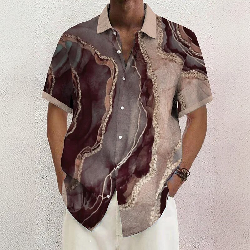 Men's Geometric Marble Abstract Liquid Art Shirt Summer Shirt Button Up Shirt Short Sleeve Fashion Casual Vacation Holiday Streetwear Summer Turndown 3D Print Front One Pocket Linen Like Shirt Brown2