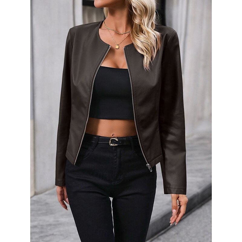 Women's Faux Leather Jacket Casual Jacket Comfortable Breathable Zipper Casual Plain Vacation Street Casual Daily Wear Zipper Short Crewneck Regular Fit Long Sleeve Outerwear Black Brown Apricot3