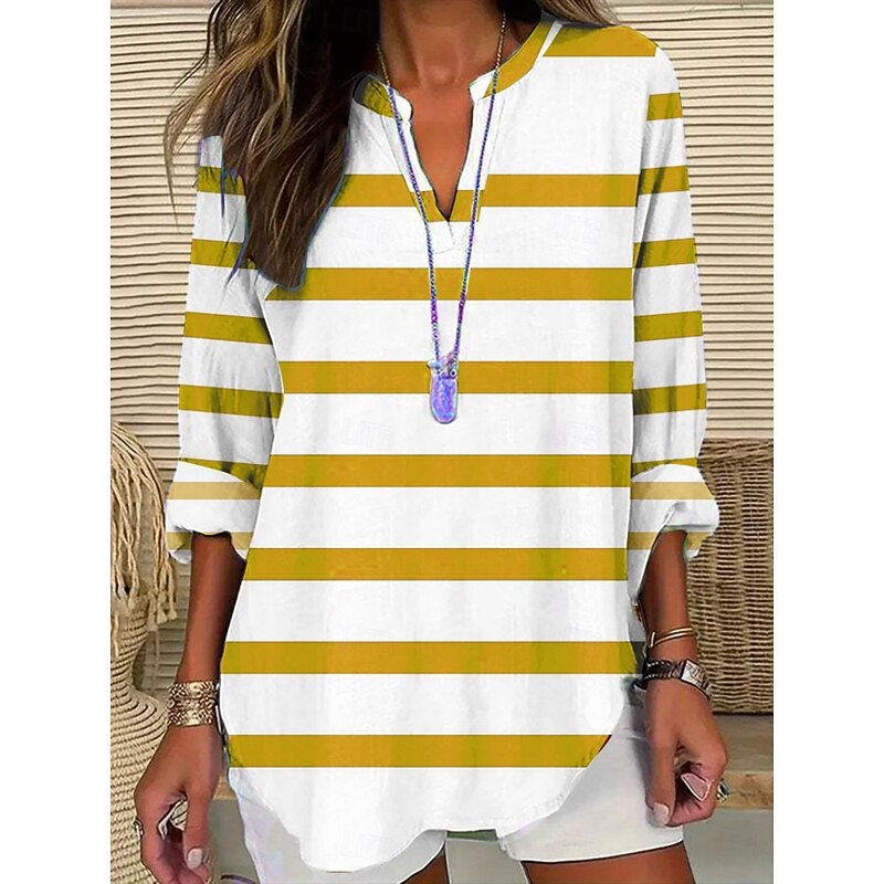 Women's Blouse Striped Stylish Modern Long Sleeve V Neck Regular Tops Daily Holiday Print Black Yellow Wine Purple Green Summer4