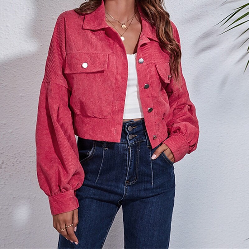 Women's Casual Jacket Warm Comfortable Pocket Corduroy Fashion Outdoor Plain Going out Weekend Short Turndown Regular Fit Long Sleeve Outerwear Dark Pink Fall Winter