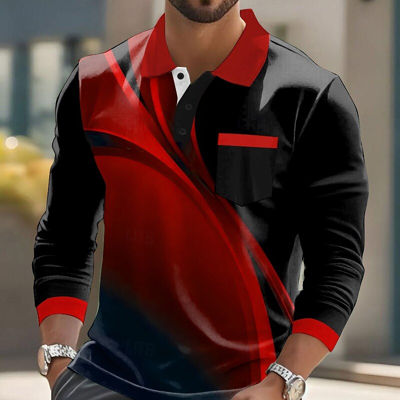 Men's Geometric Polo Long Sleeve Polo Shirts Collared Shirts Business Casual Business Athleisure Daily Wear Pocket 3D Print Buttons Spring Fall Winter Red Blue Brown3