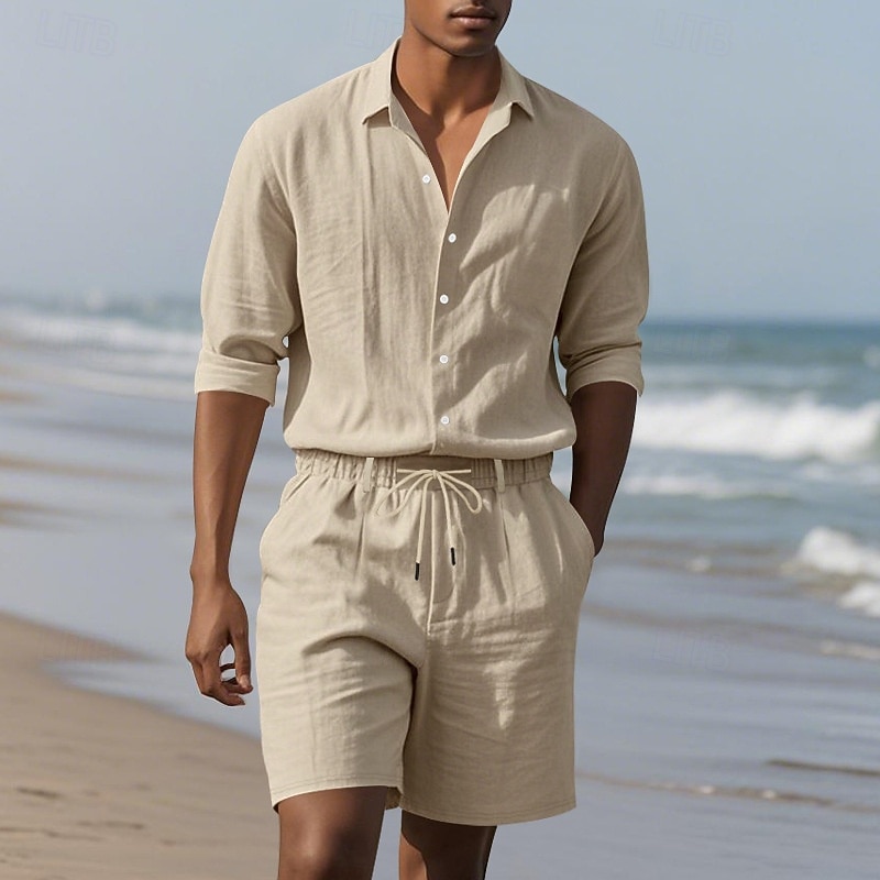 Men's T-shirt Suits 2 Pieces Outfits Tee & Shorts Long Sleeve Lapel Summer Plain Fashion Casual 2 Piece Vacation Daily Wear Going out Black White khaki Top Tee for Men3