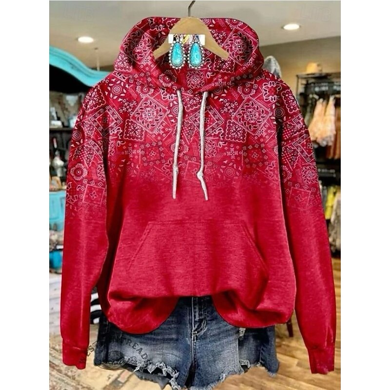 Women's Hoodie Pullover Sweatshirt Oversized Long Sleeve Casual Graphic Vintage Fashion Western Hooded Tops Street Dailywear Holiday Print Front Pocket White Yellow Dark Pink Red Brown Fall Winter3