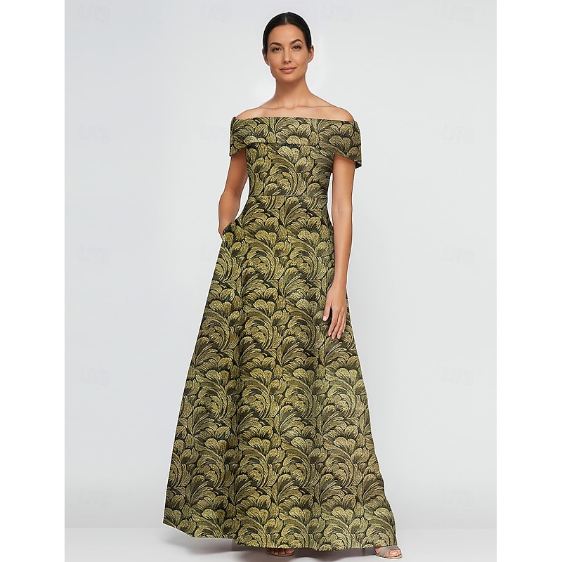 Jacquard Brocade Floral A-Line Cocktail Dresses Elegant Dress Formal Wedding Floor Length Short Sleeve Off Shoulder Nylon with Pocket