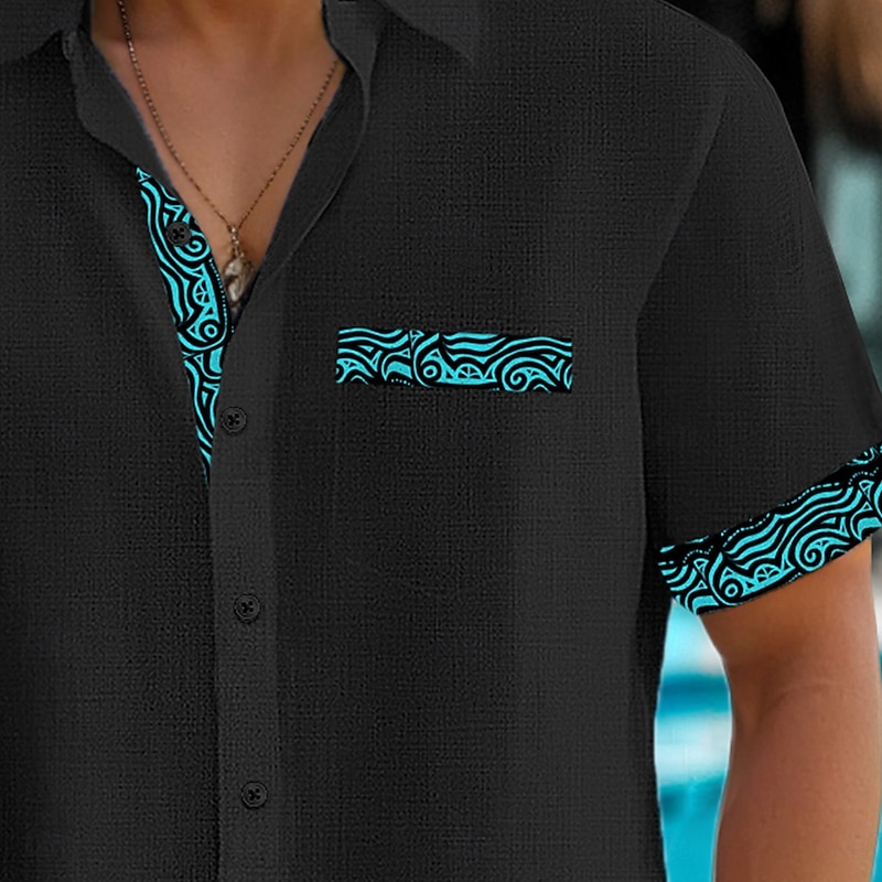 Men's Shirt Linen Shirt Summer Shirt Beach Shirt Button Up Shirt Tribal Casual Holiday Black White Sky Blue Green Short Sleeve Turndown Summer Clothing Apparel Front Pocket2