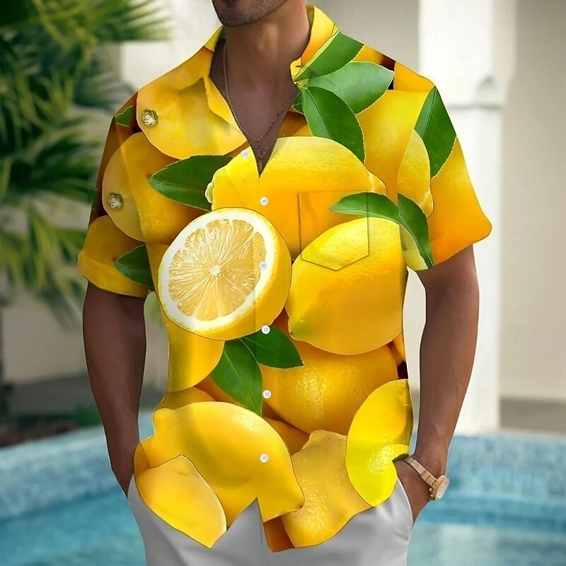Men's Fruit Lemon Mango Summer Hawaiian Shirt Button Up Shirt Aloha Shirt Short Sleeve Hawaiian Holiday Beach Wear Summer Spring Turndown 3D Print Collared Shirts Front One Pocket Yellow Orange