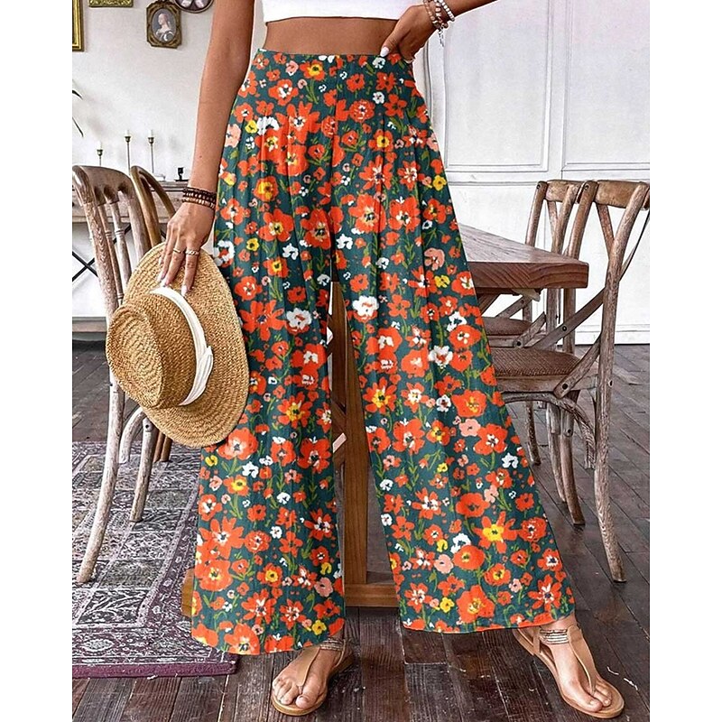 Women's Pants Trousers Palazzo Pants Fashion Boho Full Length High Waist Floral Elastic Waist Comfy Comfortable Micro-elastic Street Daily Wear Going out Pink Orange Summer Spring Regular Fit4