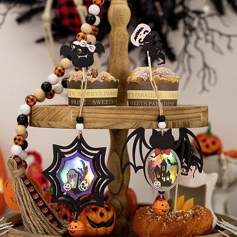 3PCS Halloween LED Wooden Ornaments Hanging Decorations, Scary Pumpkin and Spider Signs for Halloween Wall Decor and Party Atmosphere2