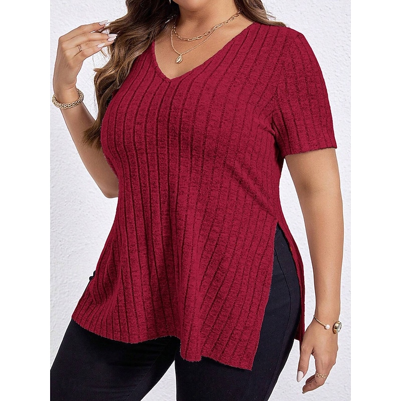 Women's Plus Size Tops T Shirt Solid Color Graphic Short Sleeve V Neck Casual Daily Polyester Summer Spring Black Wine