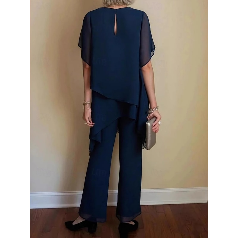 Women's Elegant Fashion Streetwear Pants Sets Short Sleeve Crew Neck Solid Color Layered Casual Daily Navy Blue Spring Regular Fit3