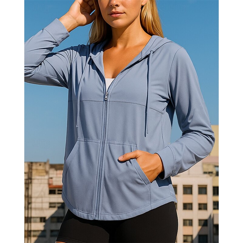 Women's Running Jacket Outdoor Jacket Full Zip Long Sleeve Outerwear Athletic Solid Colored Sun Protection Lightweight Breathable Tennis Golf Running Sportswear Activewear Black Blue Purple