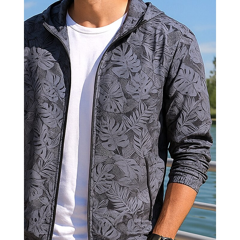 Men's Running Jacket Outdoor Jacket Hooded Long Sleeve Top Athleisure Fall Plants Sun Protection Lightweight Breathable Hiking Running Sportswear Activewear Dark Gray Light Grey3